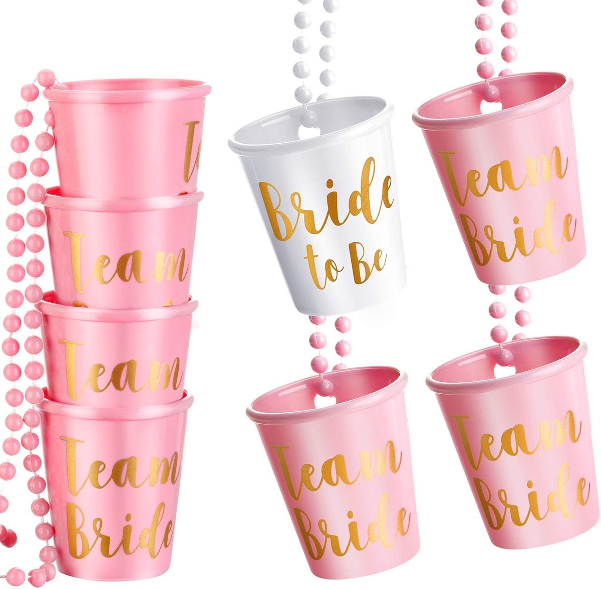 SnelShoppen - 8 Stuks Bachelorette Shot Glass Necklace met Gouden Folie - Team Bride en Bride Shotglazen voor Bruiloft, Vrijgezellenfeest en Bruidsdou