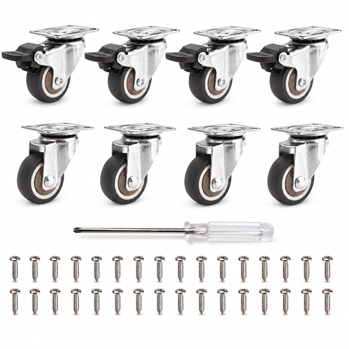 Set van 9 zwenkwielen met rem, 2,5 cm voor meubels, inclusief 32 schroeven en schroevendraaiers voor kast en tafel