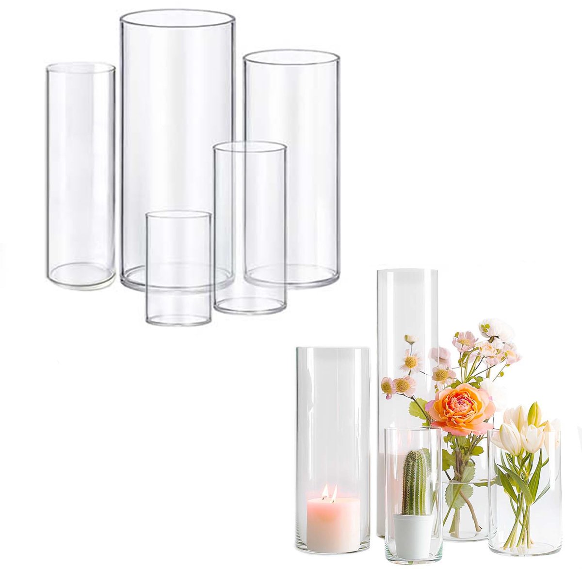 SnelShoppen - Glazen vaas cilinder decoratie voor bloemen en kiezelstenen, set van 5 maten 15-25 cm, tafeldecoratie voor bruiloften en feesten