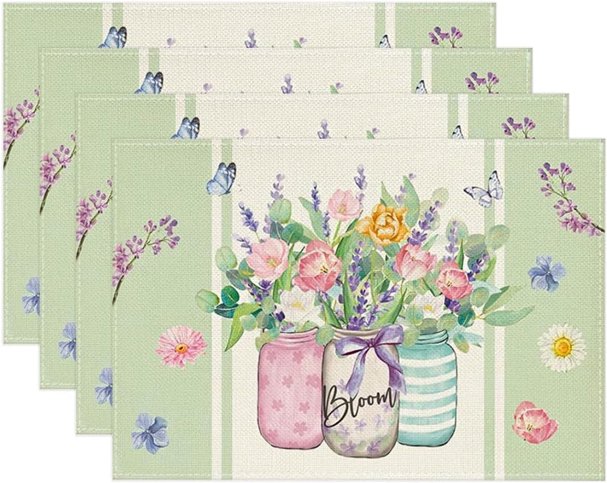 Set van 4 linnen placemats met bloemenprint - 30 × 45 cm - Herbruikbaar - Tafelisolatiematten - Geschikt voor keukens, eetkamers, binnen- en buitenbijeenkomsten, feestdagen en seizoensgebonden decoraties in landelijke stijl