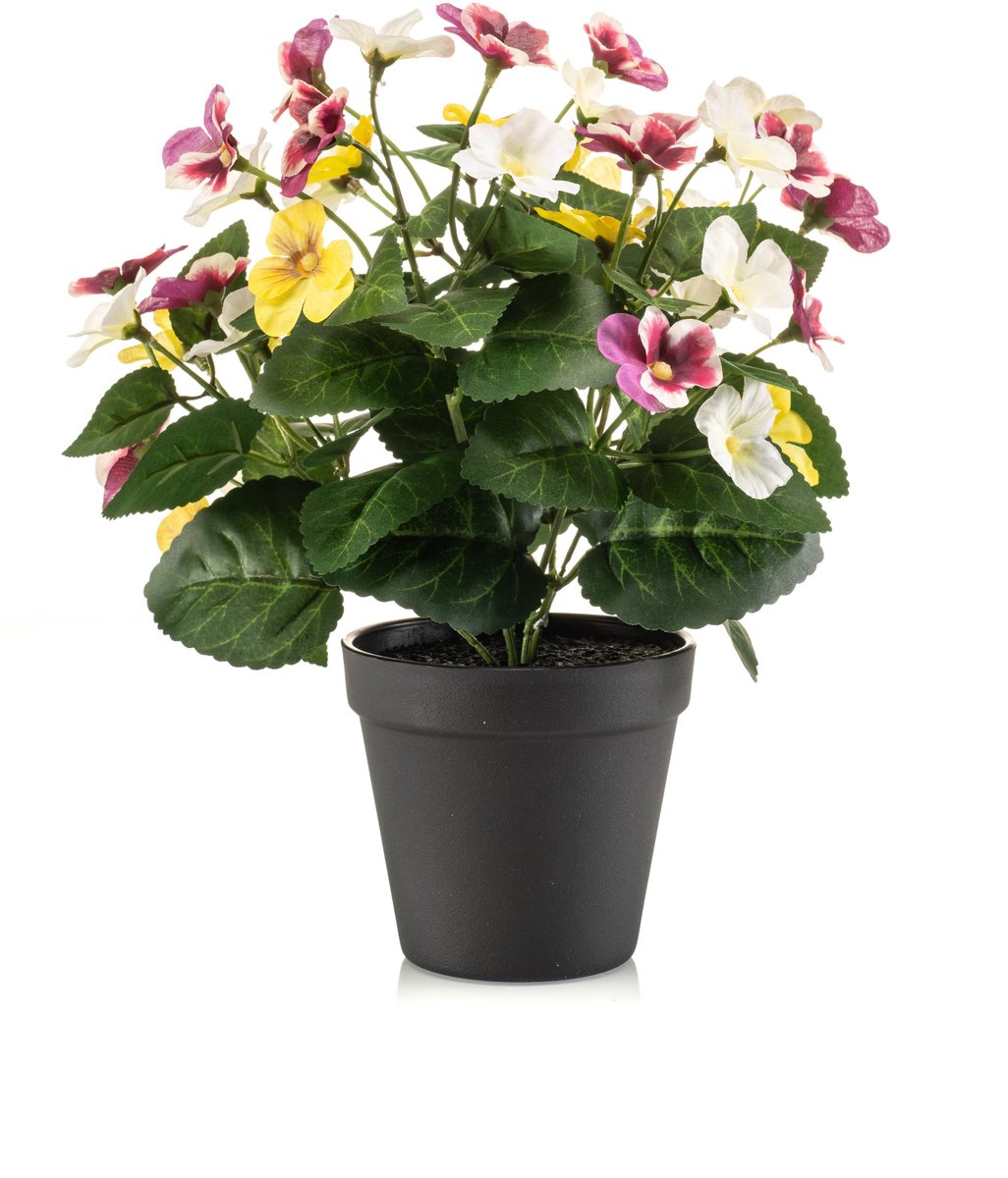 Emerald - Kunstplant Viooltje in pot 29cm wit/paars/geel - Kunstplant voor binnen