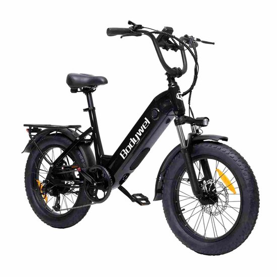 Zwarte Bodywel F20 elektrische fiets met dikke banden en bagagedrager, geïsoleerd op een witte achtergrond.