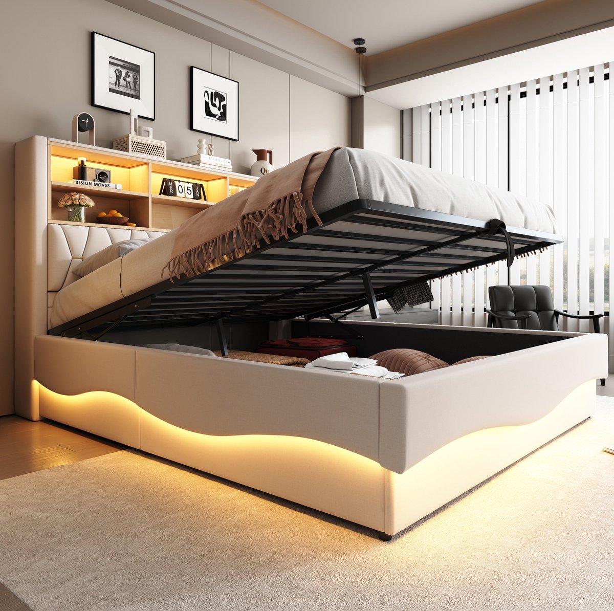 COVREO Bedframe 180x200 cm beige met opbergruimte zonder matras