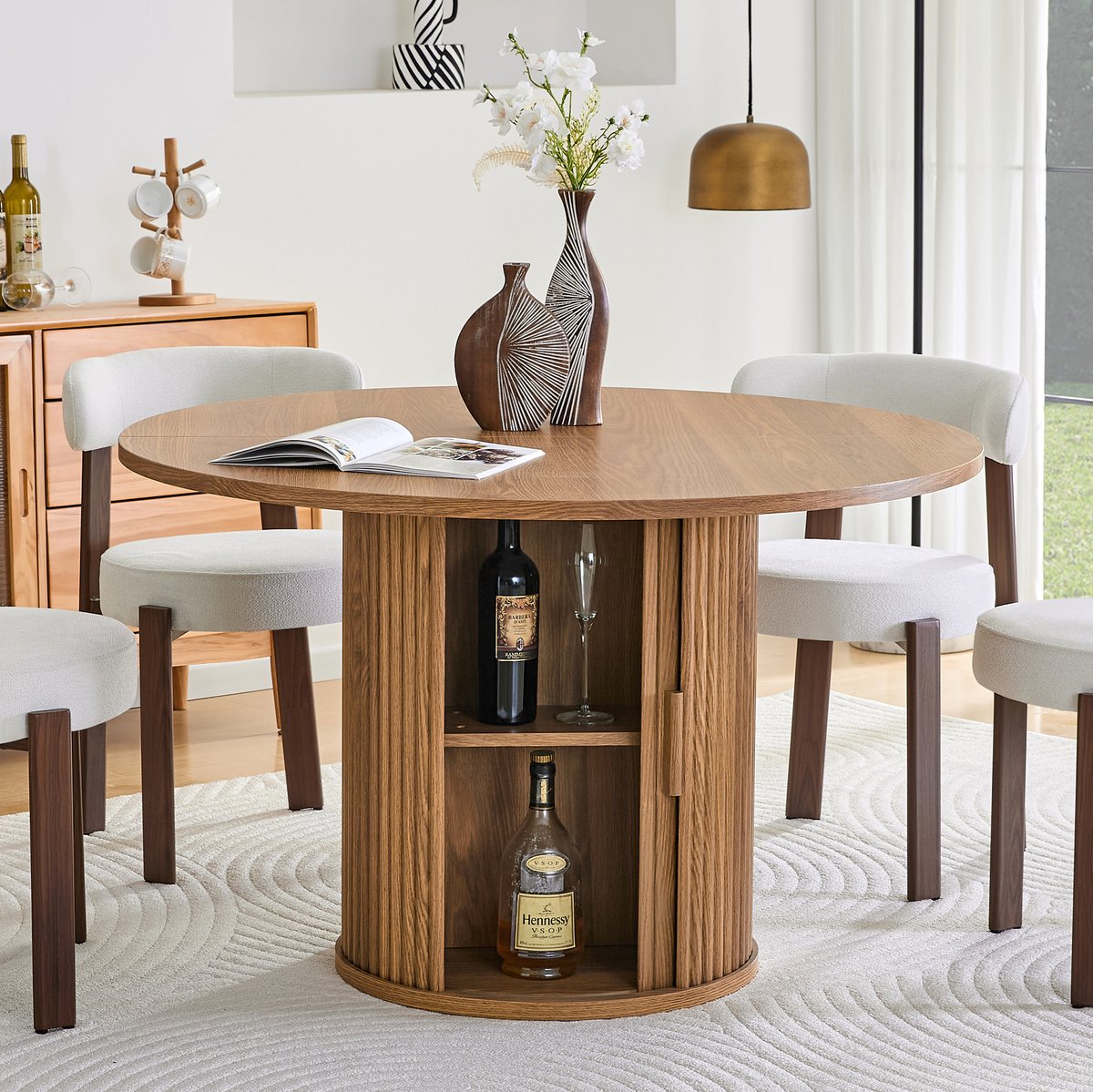MEUNIQ ronde eettafel 120 cm met opbergruimte, cilindervormige centrale voet, modern landelijk design voor keuken, eetkamer en woonkamer, walnootkleur Walnut