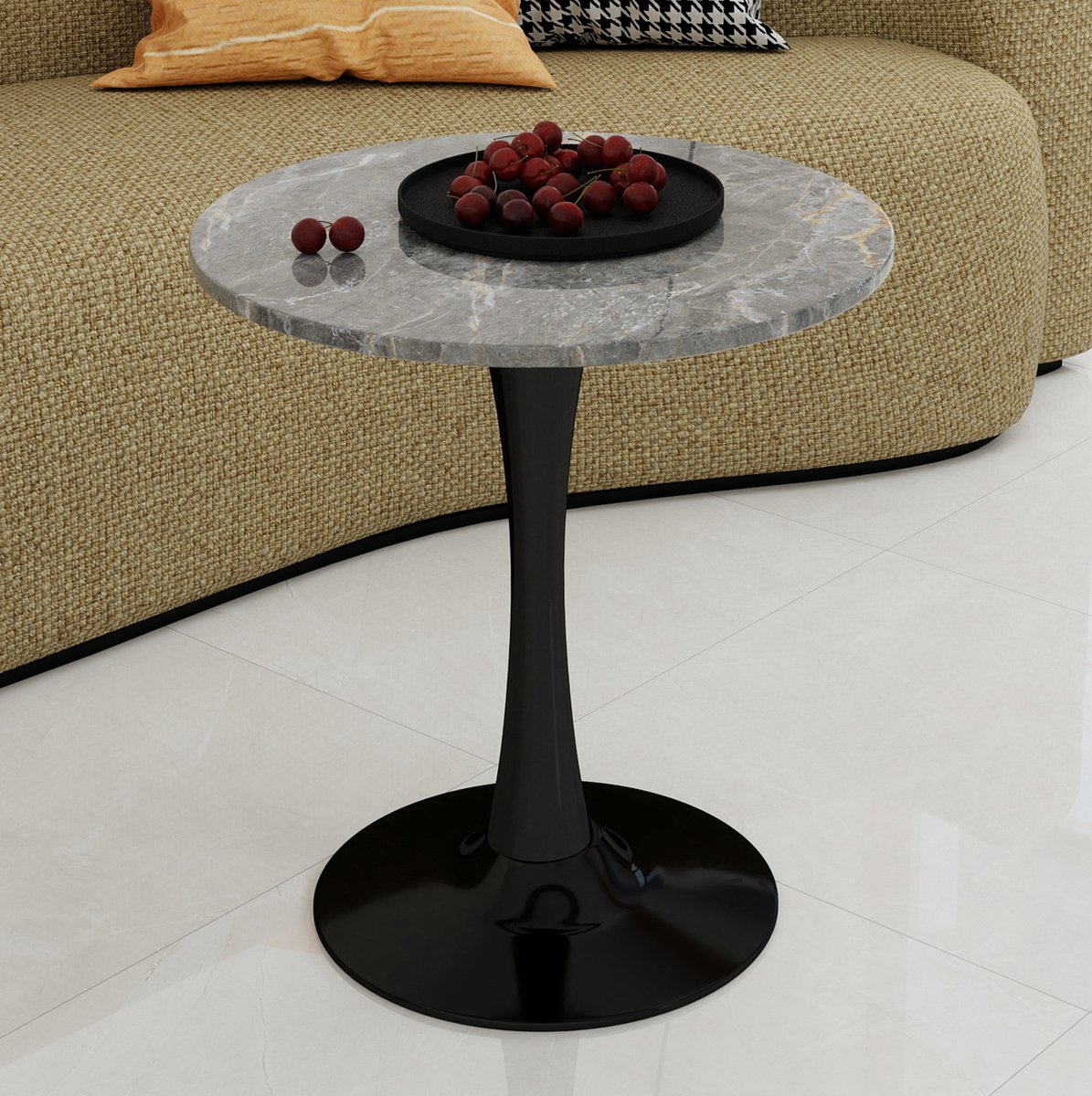 MEUNIQ ronde bijzettafel 70 x 72 cm met marmerlook tafelblad, zwart metalen voet, modern design voor woonkamer en eetkamer