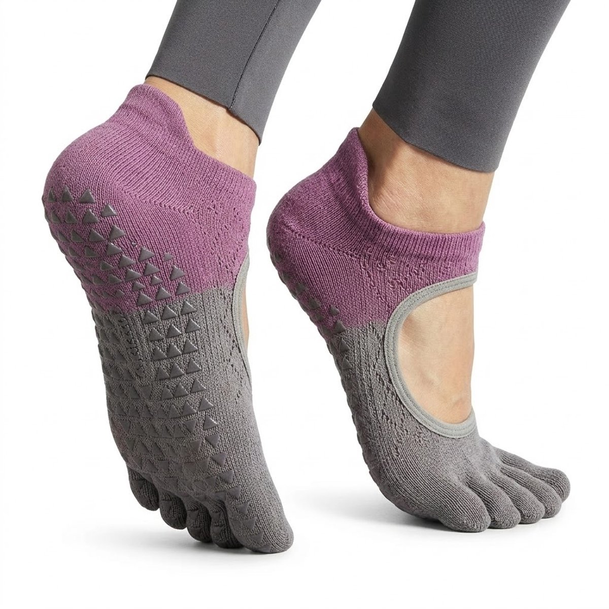 Paars grijs antislip pilates sokken dames ademende vijf tenen sokken met open hiel siliconen antislip zool teen gescheiden sport sokken voor yoga pilates barre dans fitness maat 36-40