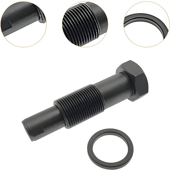 Zwarte kettingspanner met schroefdraad en losse ring.