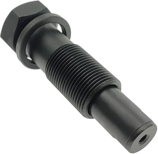 Zwarte kettingspanner met schroefdraad, een ring en een zeskantkop.