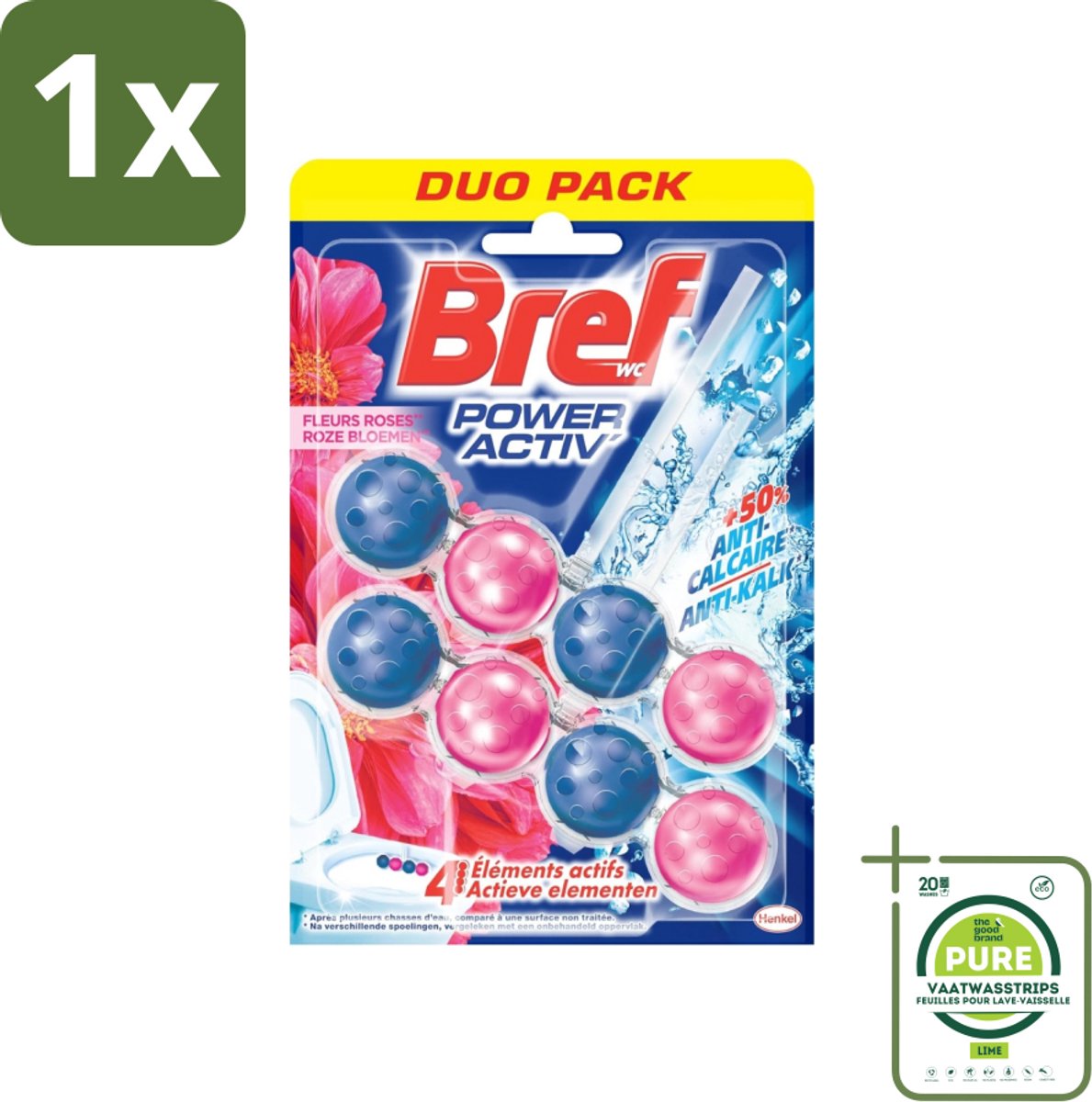 1 x Bref WC - Power Activ+ - Toiletblok - Verse Bloemen - 2 Blokken - Toiletblok - Toilet Reiniger - Frisse Geur - Bloemen Geur - Anti-kalk