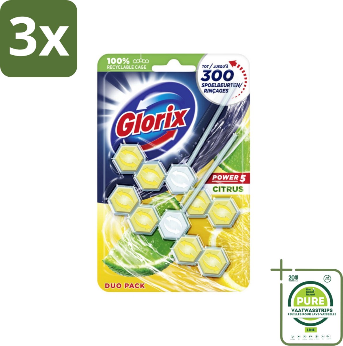 3 x Glorix - Power 5 - Toiletblok - Citrus - Langdurige Frisheid - 2 Blokken - Grootverpakking - Toilet Schoonmaak - Toiletblok - Toilet Reiniging - Citrusgeur - Kalk Verwijderaar