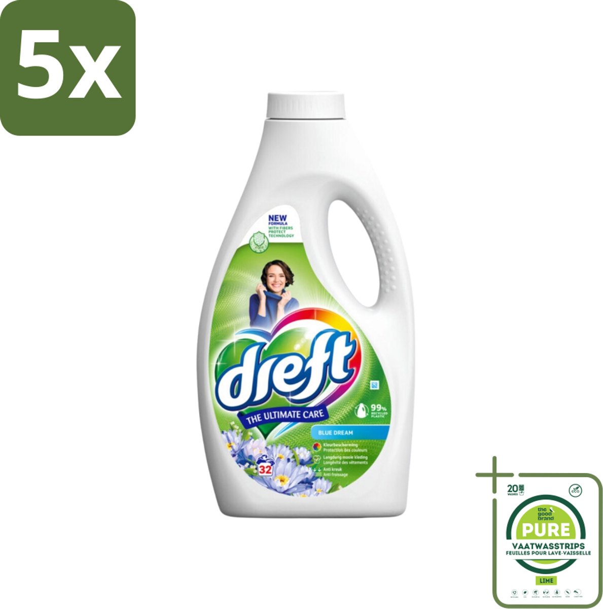 5 x Dreft Vloeibaar Wasmiddel Blue Dream 32 Wasbeurten 1,4 liter - Grootverpakking - Wasmiddel - Gekleurde Was - Wasverzachter - Wasparfum - Frisse Geur