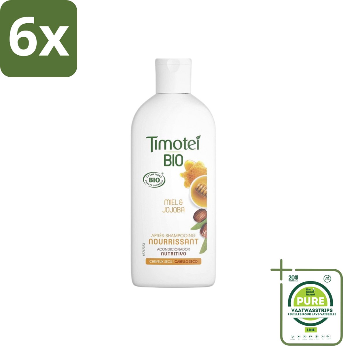 Timotei - Crèmespoeling - Honing & Jojoba - Biologisch - Droog Haar & Droge Hoofdhuid - 250 ml - Voordeelverpakking - 6 stuks - Biologische shampoo - Haarverzorging droog haar