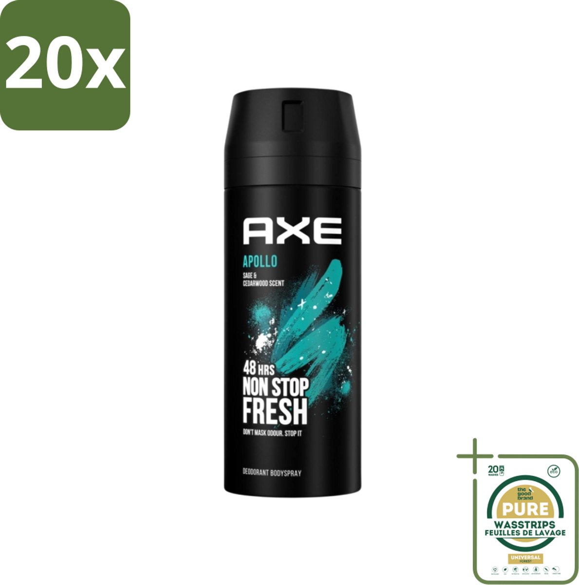 20 x Axe - Deodorant Bodyspray - 48hrs Fresh - Apollo - Sage & Cedarwoord - 150 ml - Grootverpakking - 48 Uur Bescherming - Deodorant Sprayer - Geur Van Groen Fruit - Sandelhout - Verse Salie