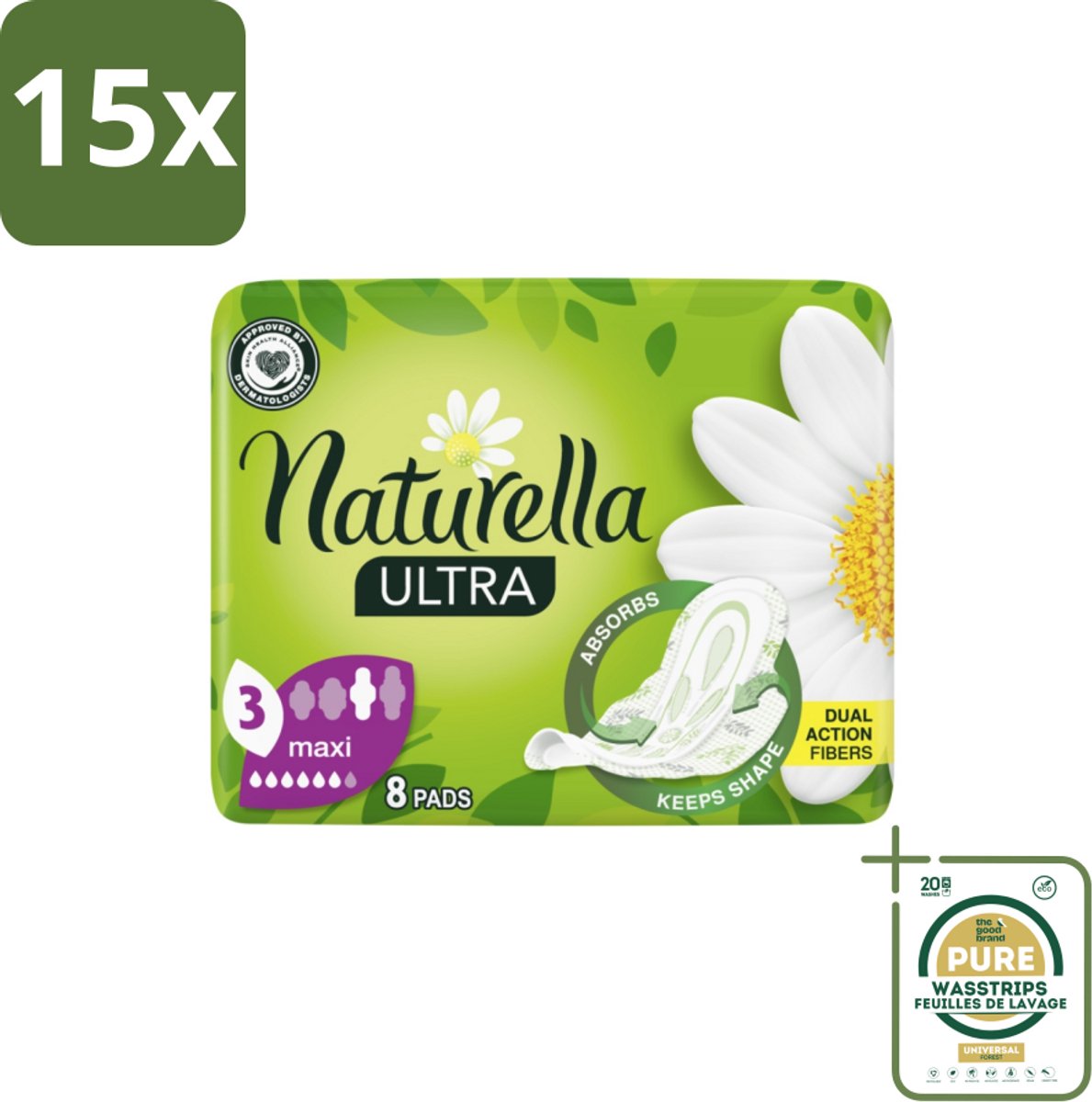15 x Natur'ella - Ultra - Maandverband - Maxi - 8 Pads - Grootverpakking - Maandverband - Menstruatie - Menstruatiebescherming - Menstruatiekanaal - Menstruatiekanaal