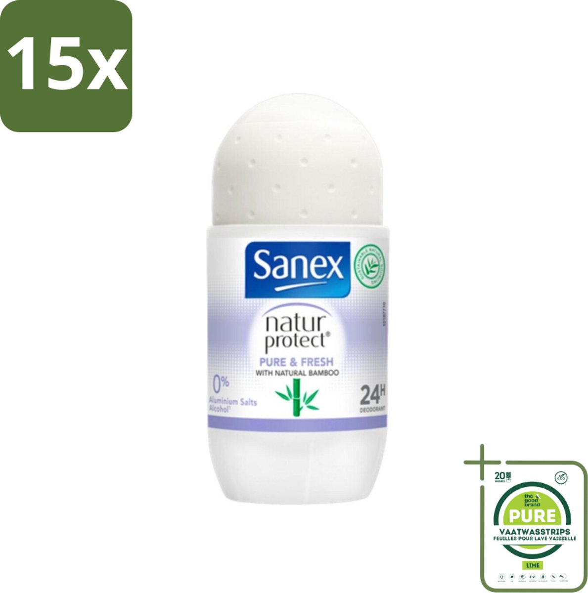 15 x Sanex Natur Protect - Deodorant Roller - Puur & Fris - Met Nattuurlijke Bamboo - 50 ml - Grootverpakking - Sanex Deodorant - Natuurlijke Deodorant - Bamboe Deodorant - Aluminiumvrije Deodorant - Alcoholvrije Deodorant