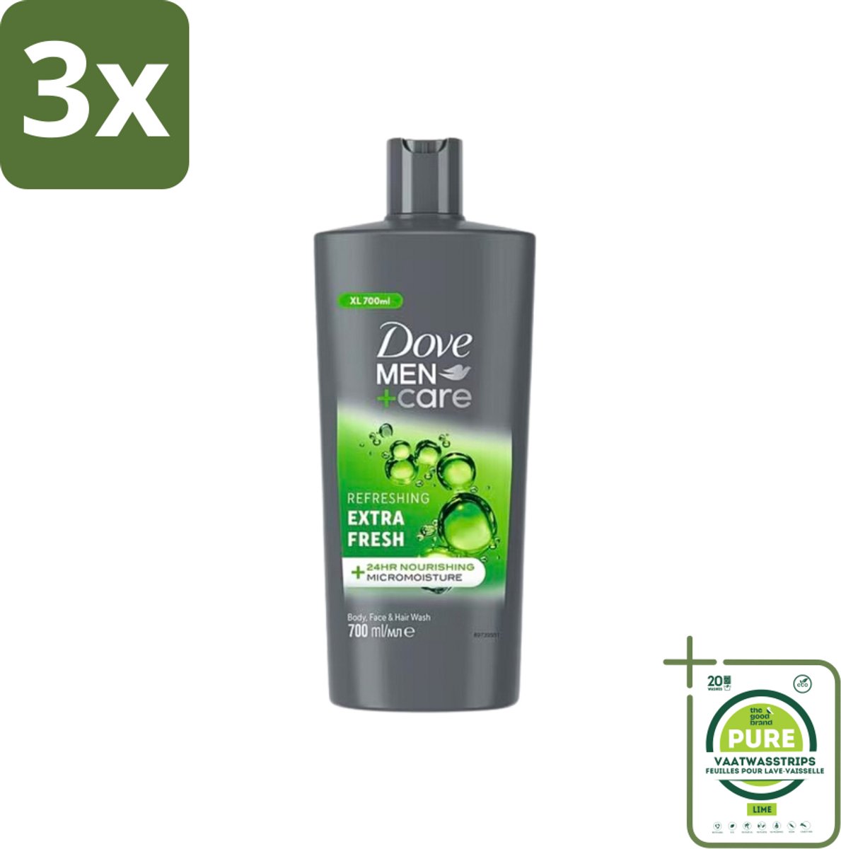 3 x Dove Men+Care - Extra Fresh - Douchegel 3-in-1 - Verzorgend - 700 ml - Grootverpakking - Douchegel - Mannen - Verzorging - Hydratatie - Verfrissend
