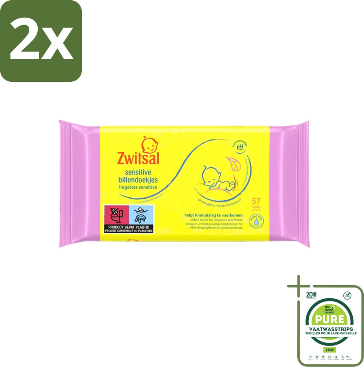 Zwitsal - Babyverzorging - Billendoekjes Sensitive - Voor de Gevoelige Babyhuid - 57 Doekjes - Voordeelverpakking - 2 stuks - Babybillendoekjes - Billendoekjes gevoelige huid