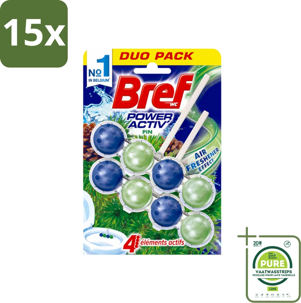 15 x Bref WC - Power Activ+ - Toiletblok - Den - 2 Blokken - Grootverpakking - Toiletblok - Wc Reiniger - Toilet Schoonmaak - Frisse Geur - Den Geur