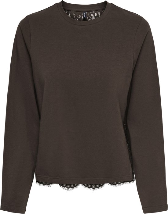 Bruin shirt met lange mouwen, kanten inzet aan de zijkant en kanten rand aan de onderkant.
