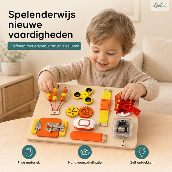 Leefico Houten Busy Board Oranje - Montessori Activiteitenbord Sensorisch Educatief Speelgoed - Baby Peuter Activiteitenboek Reisspeelgoed - Speelgoed 1 jaar - Speelgoed 2 Jaar van Leefico — afbeelding 4