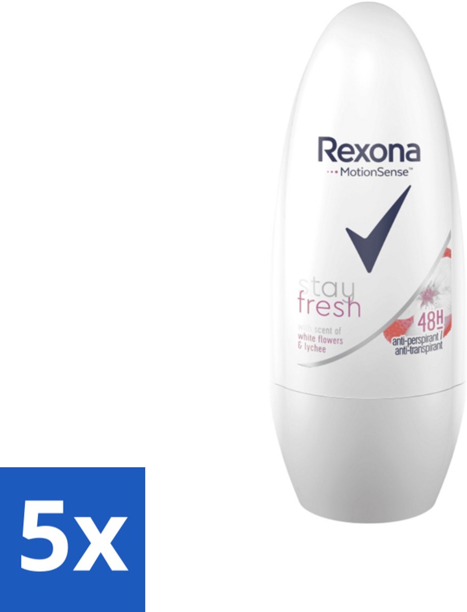 5 x Rexona - Deodorant Roller - Motion Sense - Stay Fresh - Witte bloemen & Lychee - Anti-Transpirant & Perspirant - 50ml - Anti-transpirant - Deodorant Roller - MotionSense - Geur Witte Bloemen En Lychee - Frisheid
