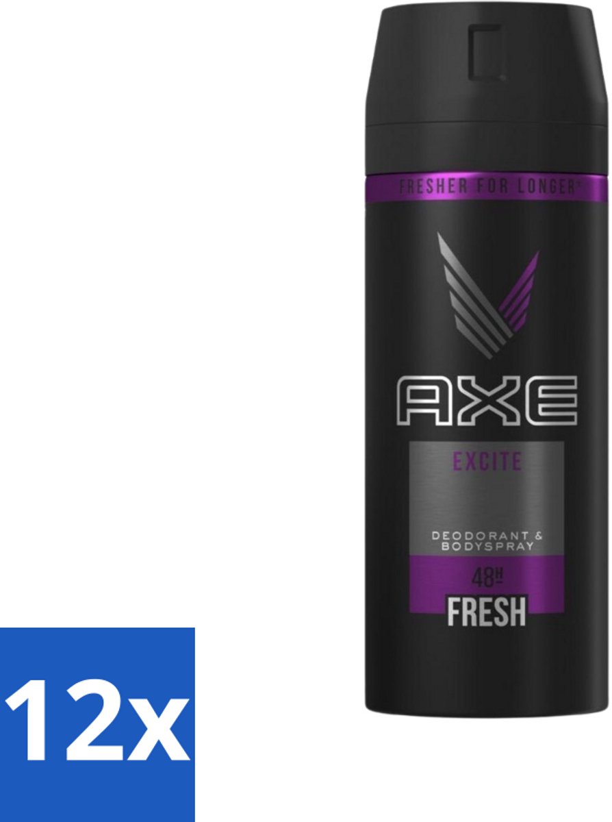 12 x Axe - Deodorant Bodyspray - 48hrs Fresh - Excite - 150 ml - Axe Deodorant - Deodorant Spray - 48 Uur Fris - Kokosnoot Geur - Zwarte Peper Geur