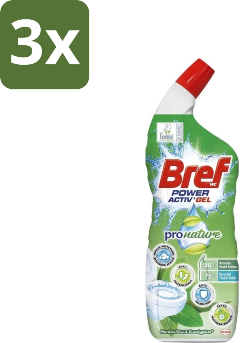 3 x Bref WC - Power Activ+ - Toiletreiniger - Gel - Eucalyptus - 700 ml - Toiletreiniging - Eucalyptus - Natuurlijke Reiniging - Duurzame Toiletreiniger - Milieuvriendelijk
