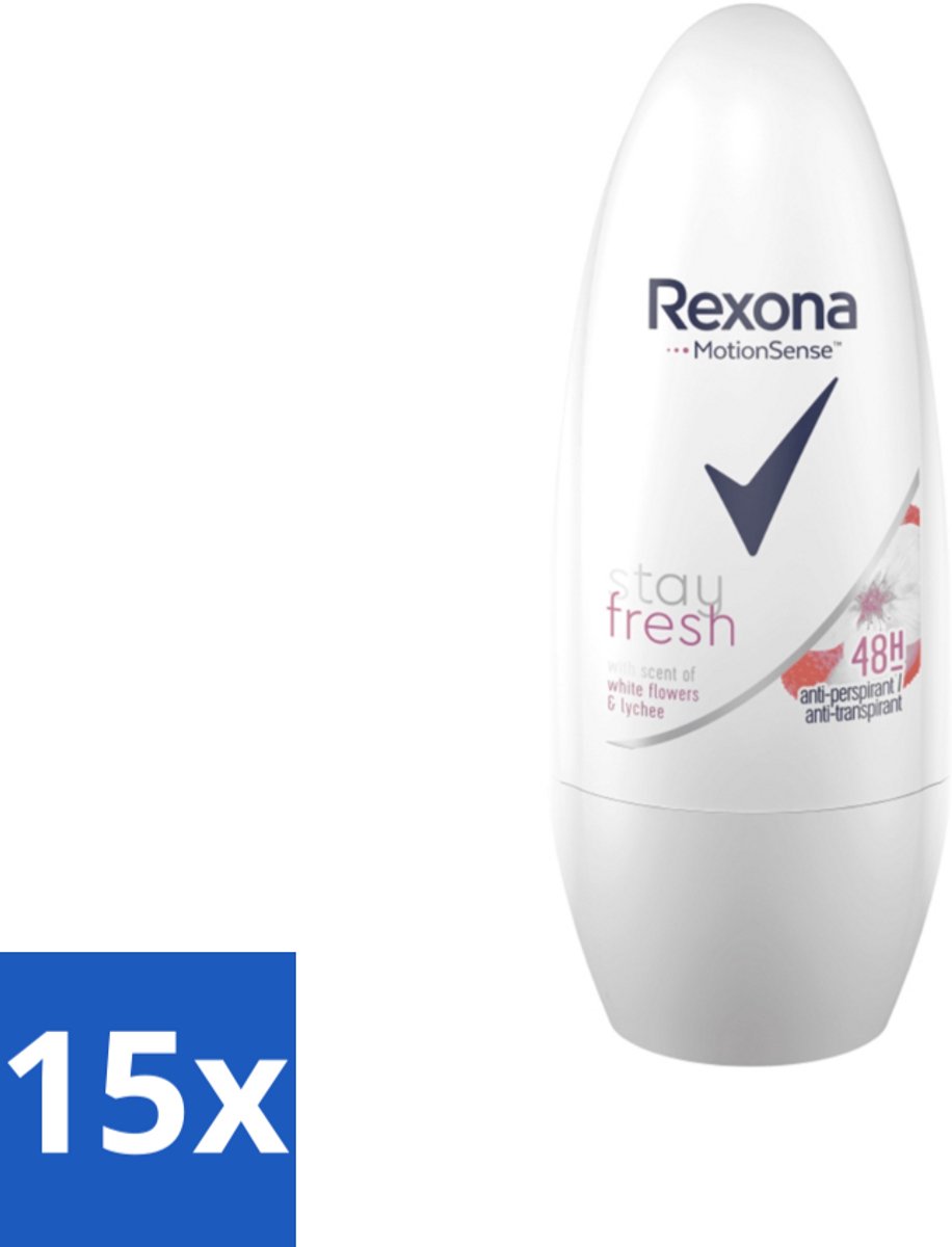 15 x Rexona - Deodorant Roller - Motion Sense - Stay Fresh - Witte bloemen & Lychee - Anti-Transpirant & Perspirant - 50ml - Anti-transpirant - Deodorant Roller - MotionSense - Geur Witte Bloemen En Lychee - Frisheid
