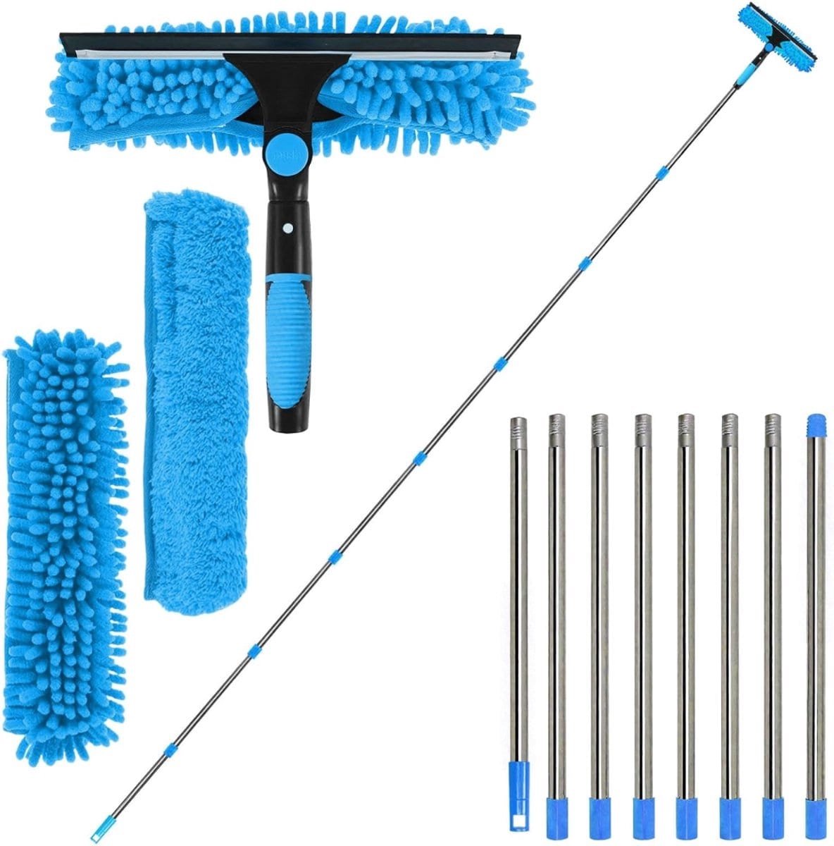 Klarven® Ramenwasser Telescopisch Blauw - Streeploze Reiniging, 2-in-1 Wassen en Drogen - Veilig Zonder Ladder - H 44 x B 16 x D 8 cm