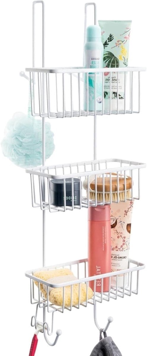 Klarven® Doucherek Wit - Hangend zonder boren - Met 3 baskets en haken - B 23 x D 25 x H 75 cm