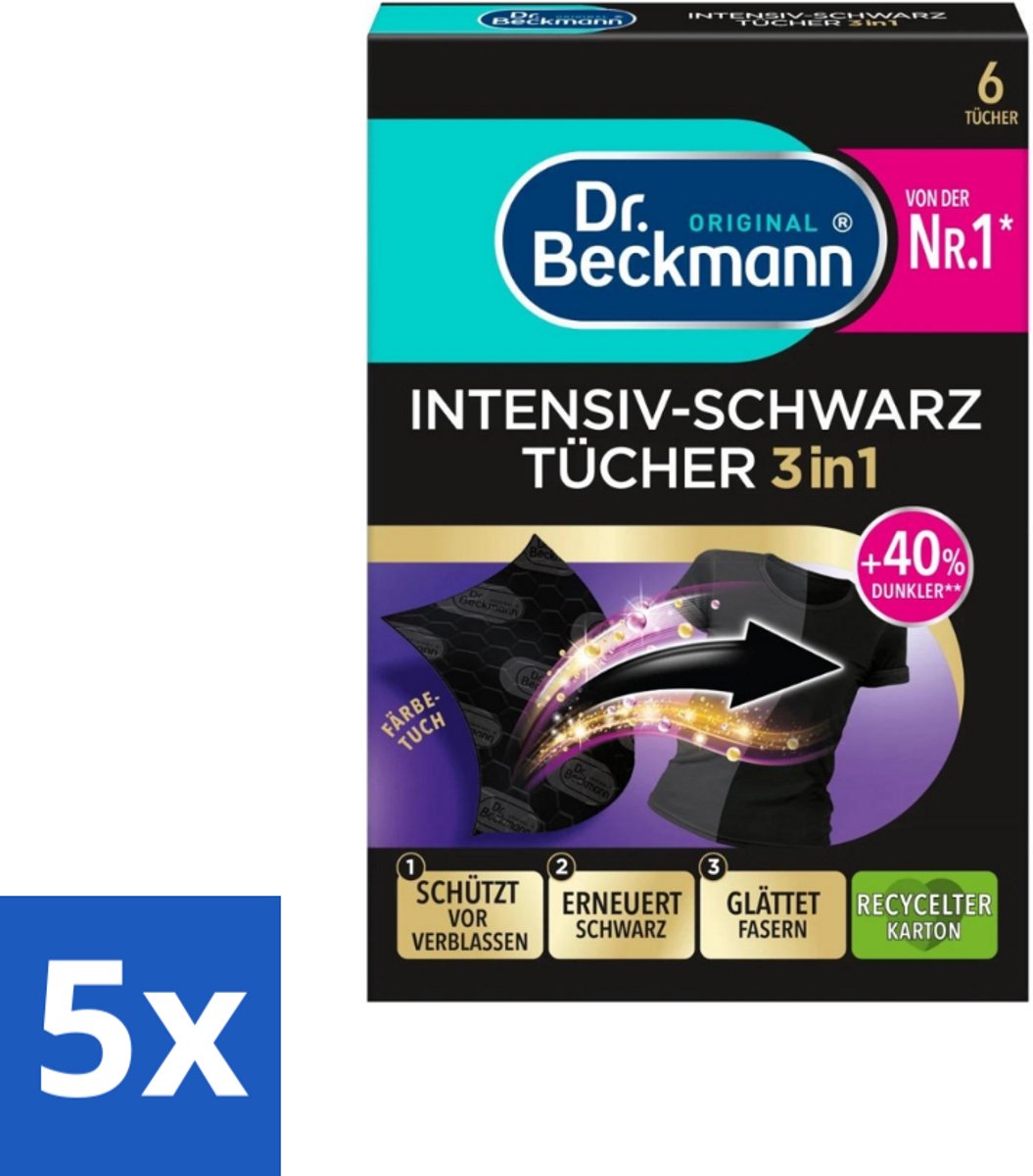 5 x Dr. Beckmann - Kleurverzorging - Intensive Black 2 in 1 - Donkere Was - 6 Doekjes - Zwart Textiel Herstellen - Zwart Kleding Verzorgen - Textiel Beschermen - Kleur Herstellen - Zwart Was Beschermen