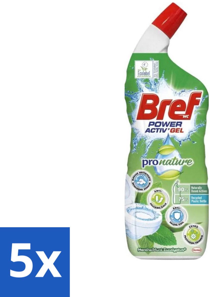 5 x Bref WC - Power Activ+ - Toiletreiniger - Gel - Eucalyptus - 700 ml - Toiletreiniging - Eucalyptus - Natuurlijke Reiniging - Duurzame Toiletreiniger - Milieuvriendelijk