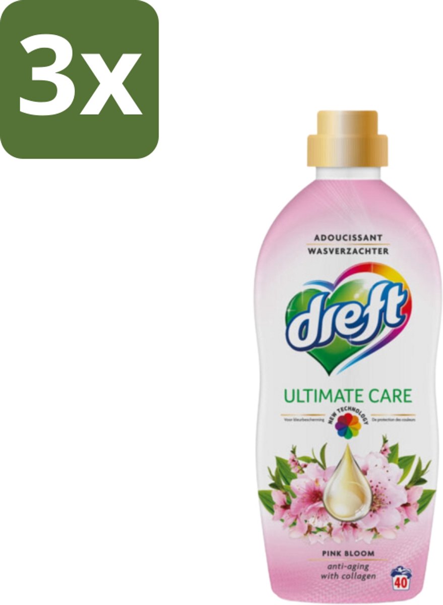 3 x Dreft - Ultimate Care - Wasverzachter - Roze Bloem - Anti-Veroudering - 40 Wasbeurten - Wasverzachter - Anti-aging - Kleurbescherming - Wasgoed Verzorging - Roze Bloem Geur