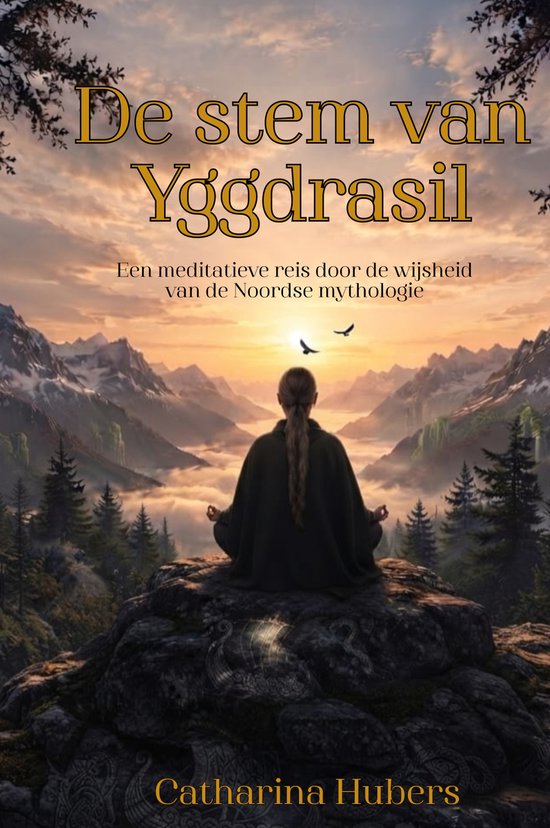 Boek 'De stem van Yggdrasil' met een vrouw die mediteert met uitzicht op een berglandschap.