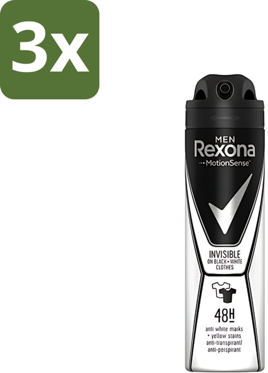 3 x Rexona Men - Deodorant Spray - Motion Sense - Invisible Black & White - Anti-Transpirant & Perspirant - 150ml - Deodorant Spray - Anti-transpirant - Witte Strepen - Gele Vlekken - Beschermd Tegen Transpiratie