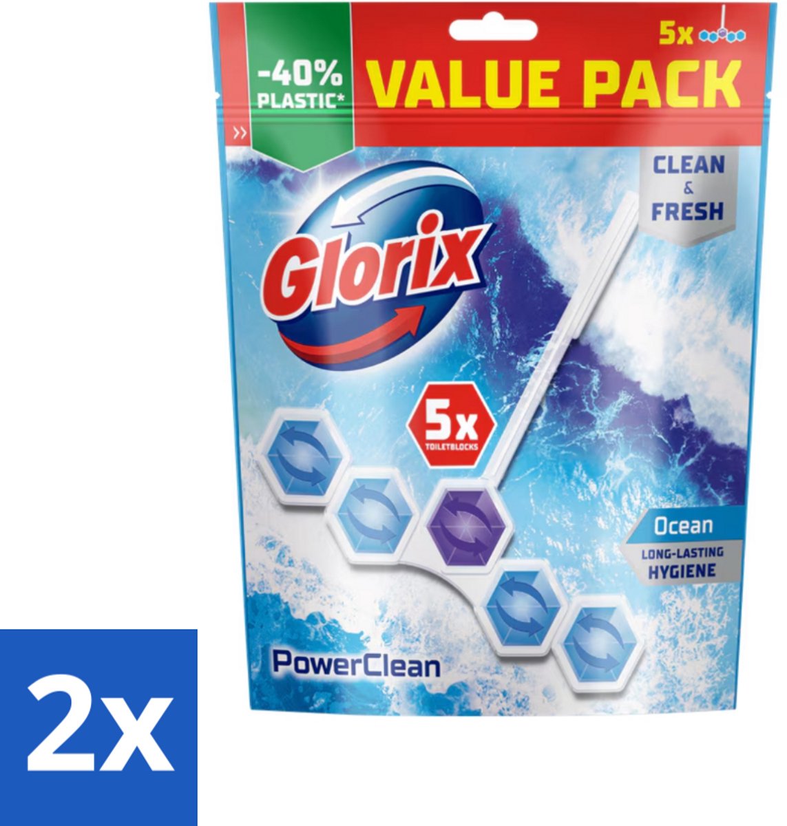 2 x Glorix - Power Clean - Toiletblok - Ocean - Hersluitbare Verpakking - 5 Blokken - Toilet Schoonmaak - Toiletblok - Toilet Reiniging - Kalk Verwijderaar - Hygiënisch Toilet