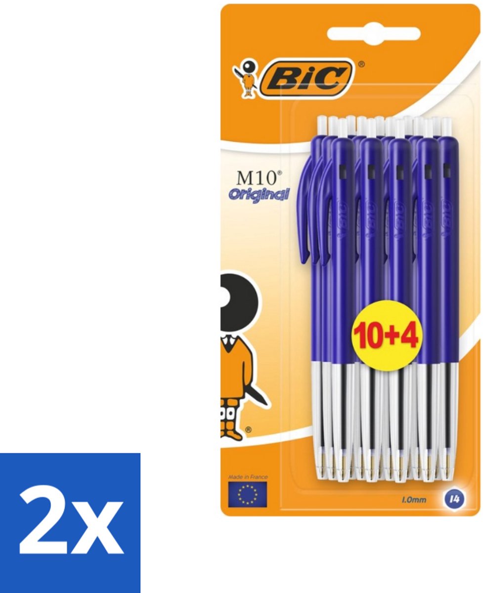 2 x BIC - M10 Original - Balpennen met Kliksysteem - Blauw - 1 mm Punt - 14 Pennen - Balpennen - Schrijfset - BIC M10 - Klikmechanisme - Blauwe Inkt