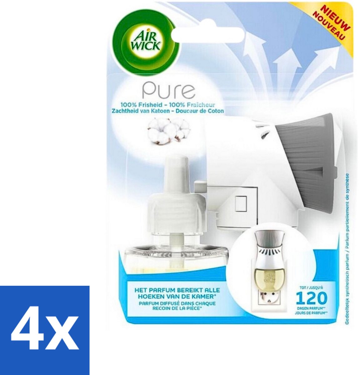 4 x Air Wick Elektrische Geurverspreider - Starterkit - Pure Zachtheid van Katoen - 19ml - Elektrische Geurverspreider - Katoen Geur - Luchtverfrisser - Geurverspreider Starterkit - Langdurige Geur
