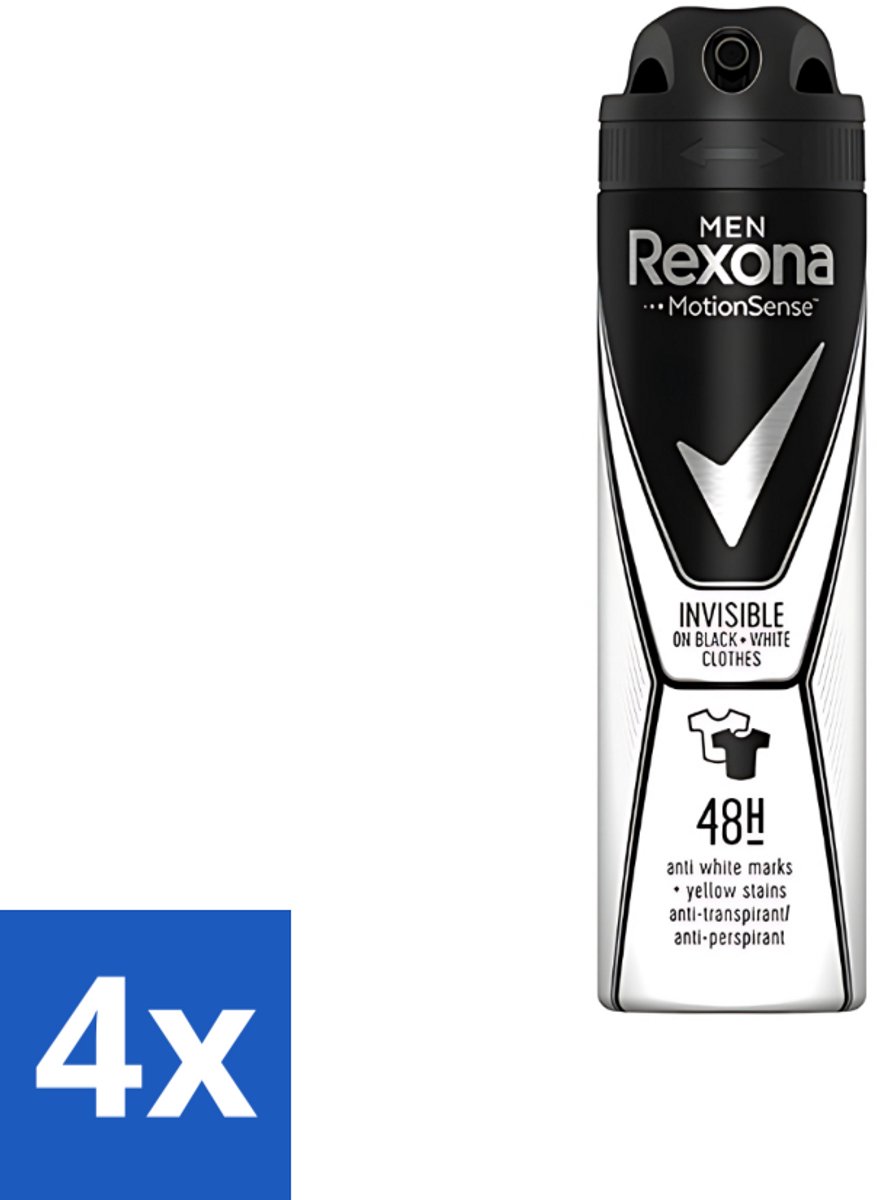 4 x Rexona Men - Deodorant Spray - Motion Sense - Invisible Black & White - Anti-Transpirant & Perspirant - 150ml - Rexona Mannen Deodorant - Anti-transpirant - Witte Strepen - Gele Vlekken - MotionSense