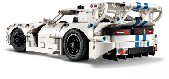 Witte LEGO Technic Dodge Viper GTS-R sportauto met blauwe strepen en spoiler.
