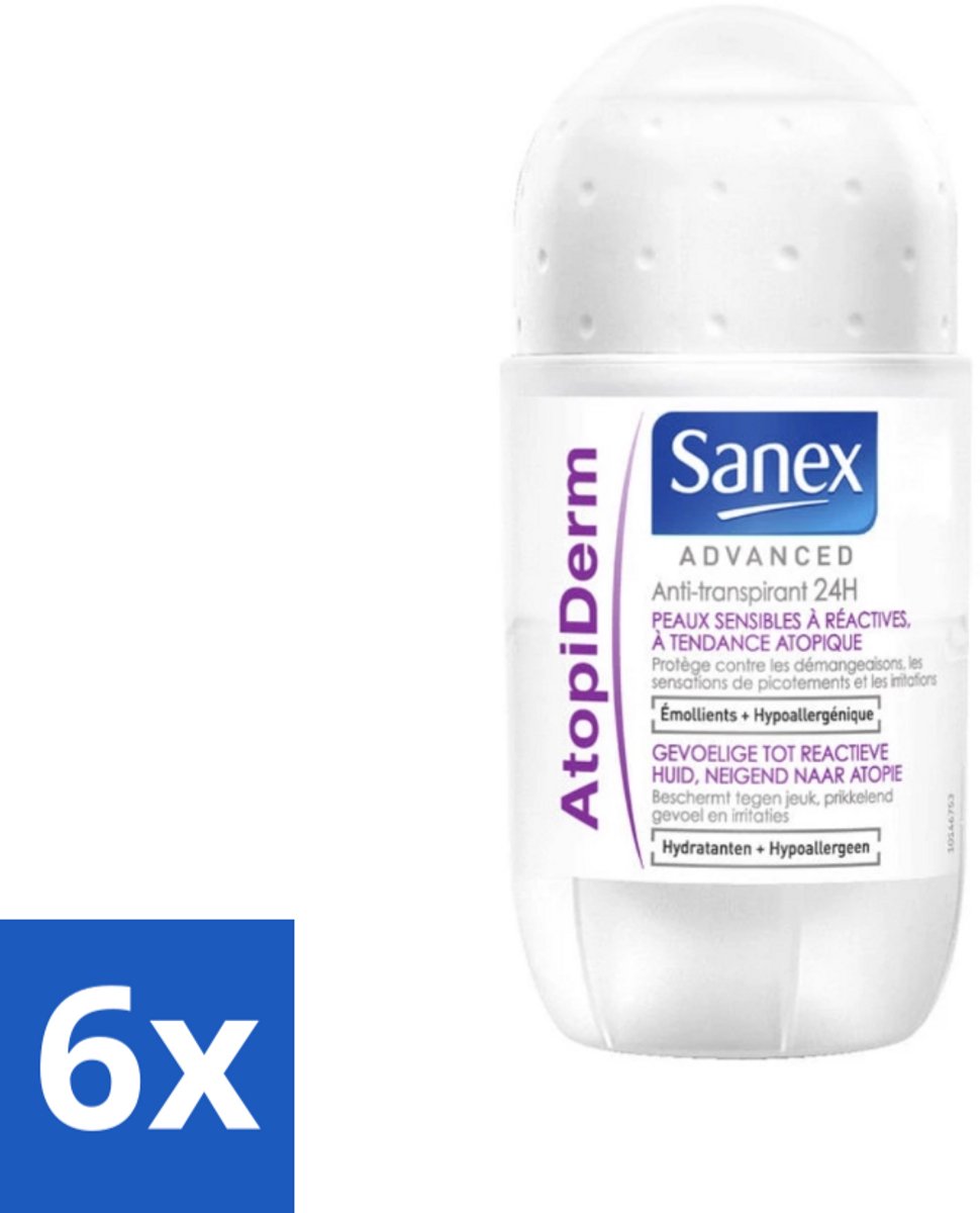 6 x Sanex Advanced - Gevoelig - Deodorant Roller - 24h Anti-Transpirant - Geavanceerd Atopiderm - 50 ml - Sanex Deodorant - Deodorant Gevoelige Huid - 24 Uur Bescherming - Atopiderm - Deodorant Roll-on