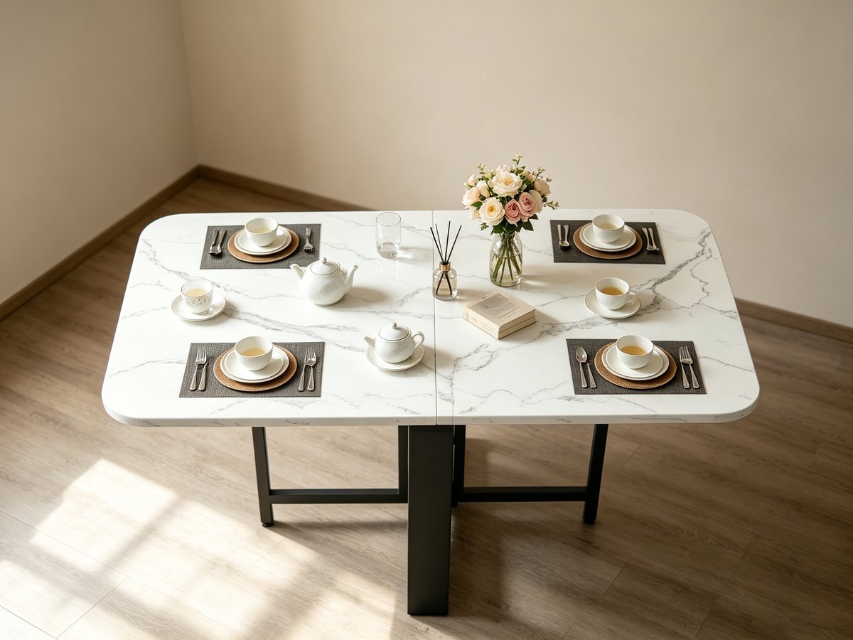 Deze opklapbare eettafel meet 120 x 80 cm heeft een wit tafelblad met marmerlook een zwart metalen frame en een uitschuifbaar blad Hij is ideaal voor gezinsmaaltijden en om van een kopje koffie te genieten