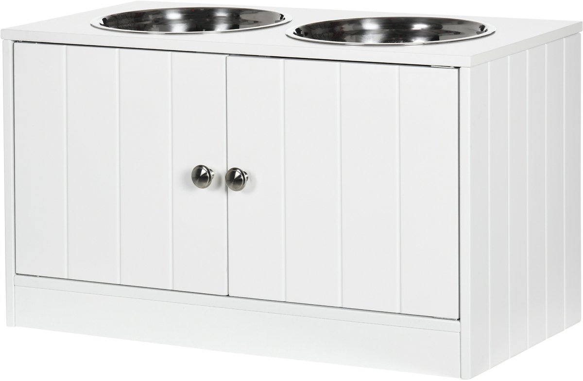 TEKROA® Voerbak - Verhoogde voerbak voor huisdieren, met twee kommen en opbergruimte - 35.5H x 60W x 30Dcm - wit