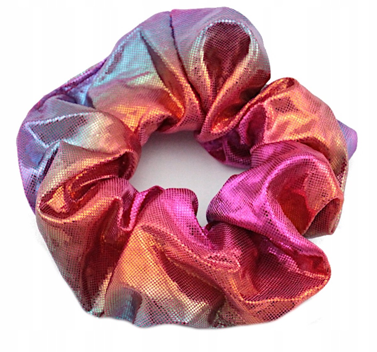 Grote glanzende scrunchie haarband 12 cm - Regenboog Kleurverloop
