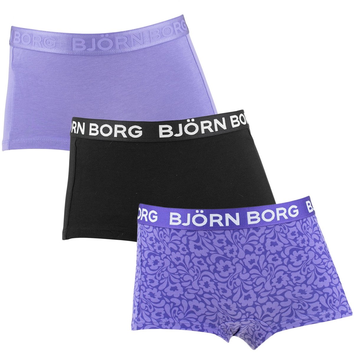 Björn Borg meisjes cotton stretch 3P mini boxershorts basic flowers paars & zwart