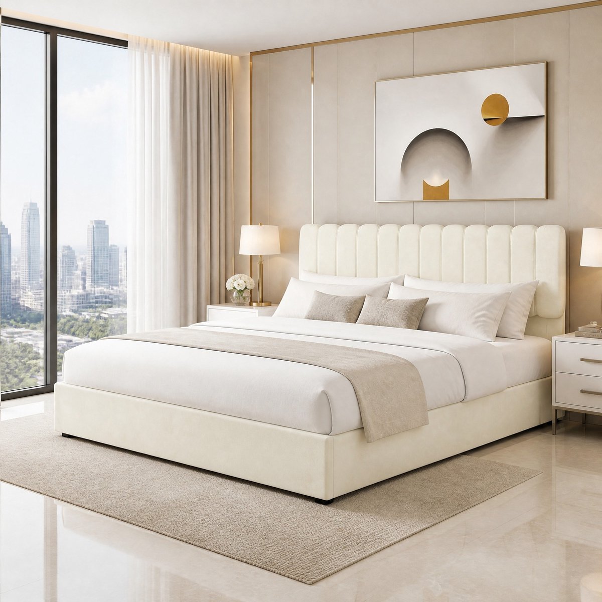 Wishdor Gestoffeerd bed 160x200 cm - Opbergruimte - Hoog hoofdeinde - Modern minimalistisch - Beige - Stof en metaal