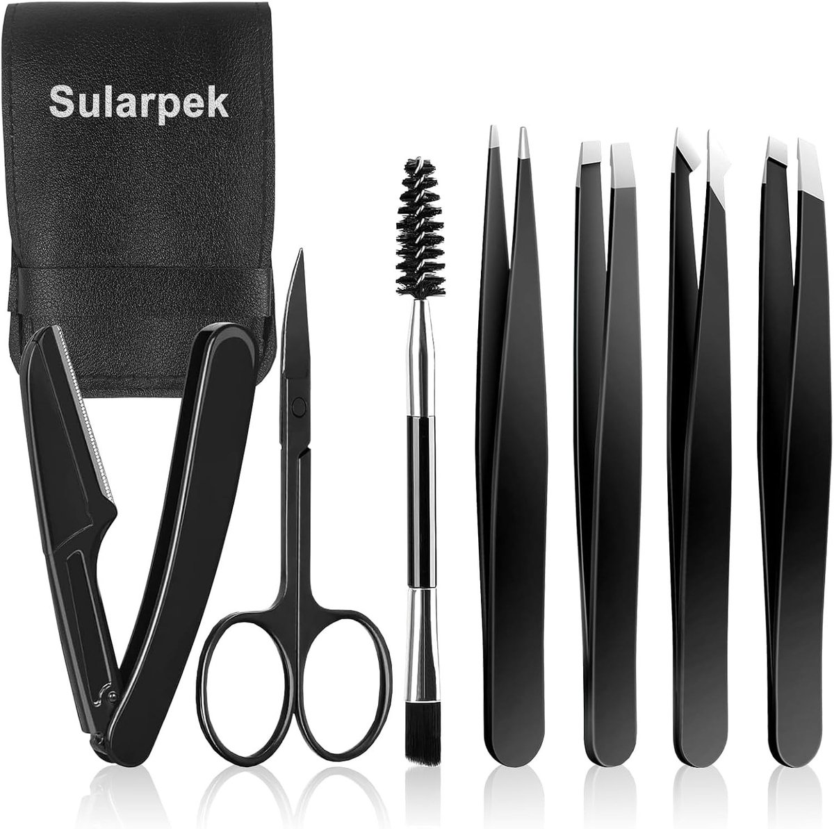 7-delige Precisie Pincet Set voor Vrouwen met Scharen, Scheermes en Spoolie voor Perfecte Wenkbrauwen en Gezichtsbeharing in Leren Etui