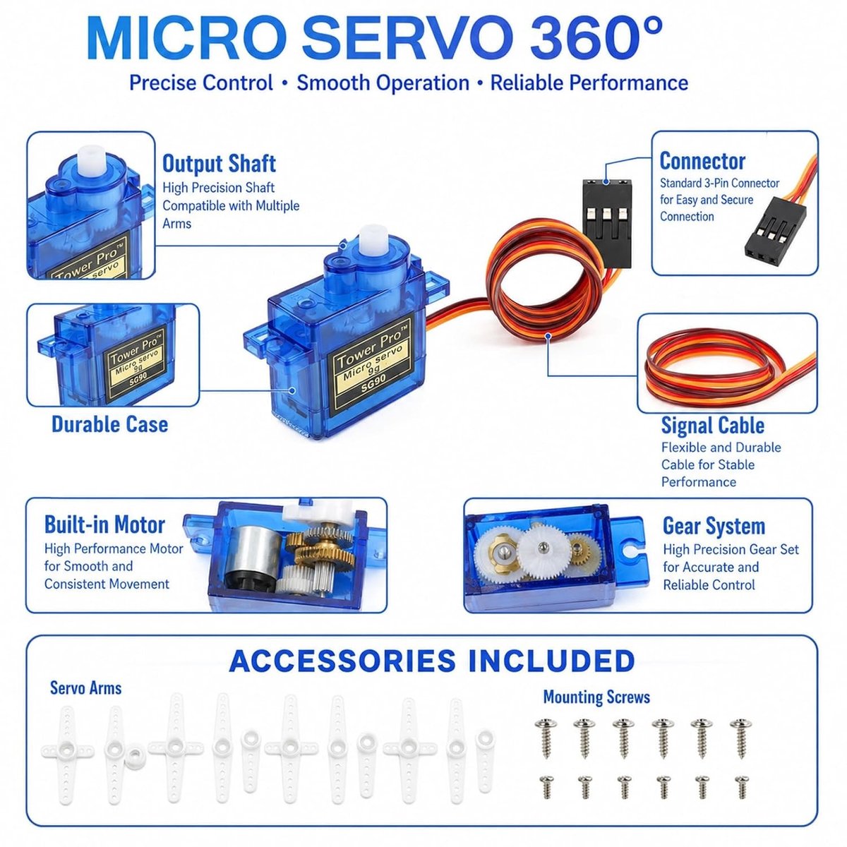 Set van 5 microservomotoren voor Arduino en robotica, hoog rendement, compact en eenvoudig te integreren voor RC modelbouw en drones