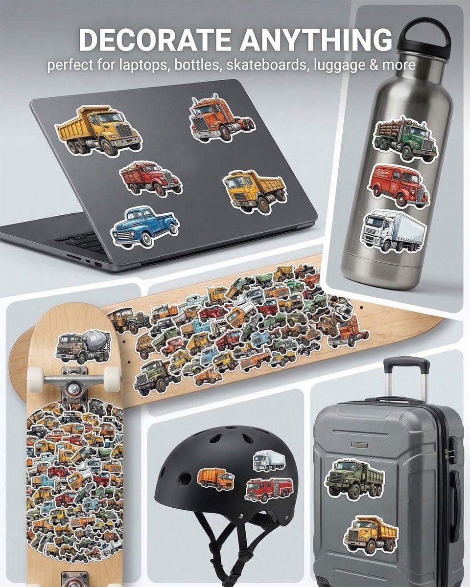 Set van 100 Coole Truck Stickers - Waterdichte Vinyl Stickers voor Fiets, Motor, Laptop en Skateboard, Perfect voor Volwassenen, Tieners en Kinderen