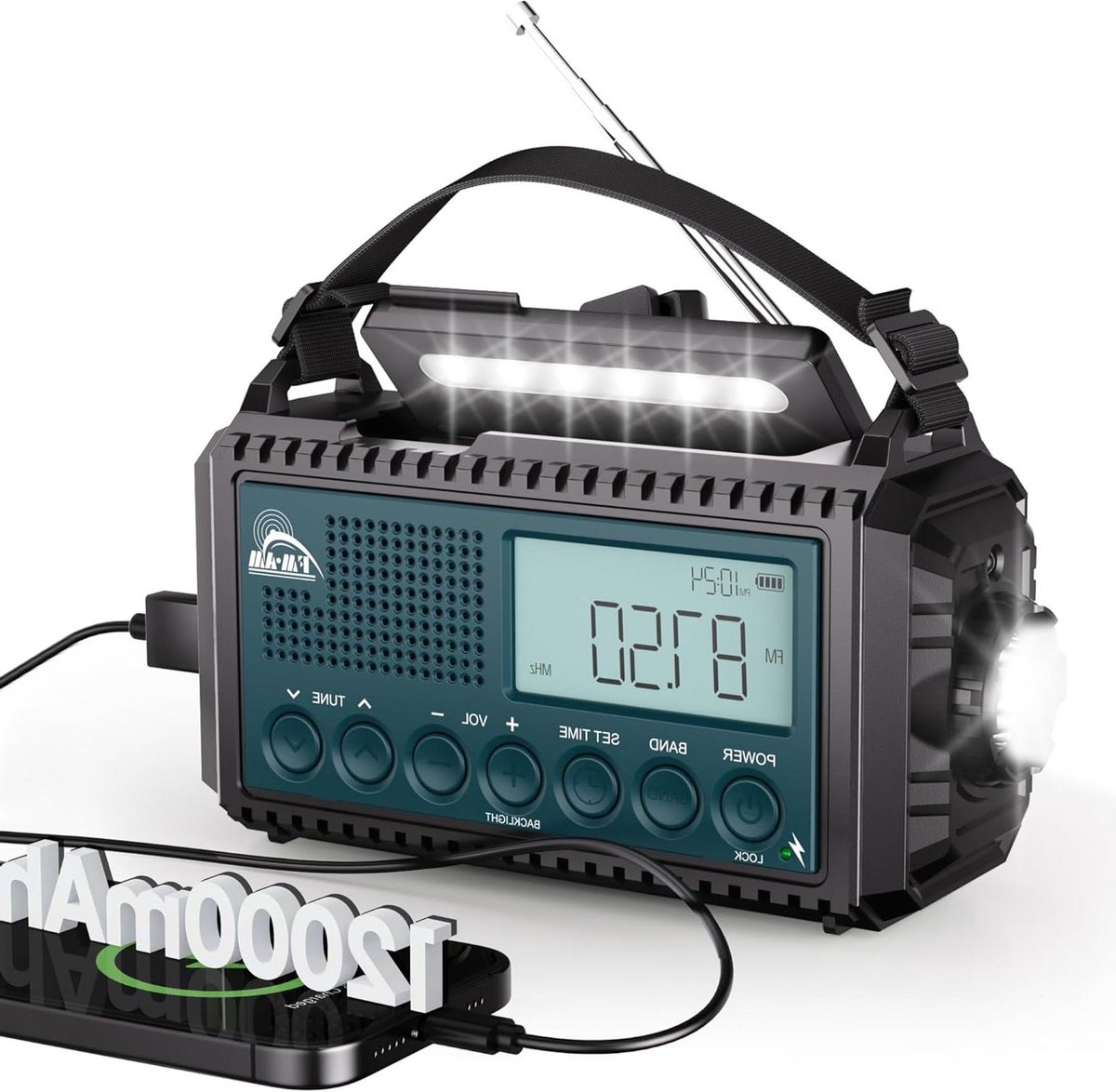 Draagbare Crank Radio - Noodradio Zaklamp - Outdoor Activiteiten - 12000 mAh Batterij - IPX4 Waterdicht - Blauwgroen